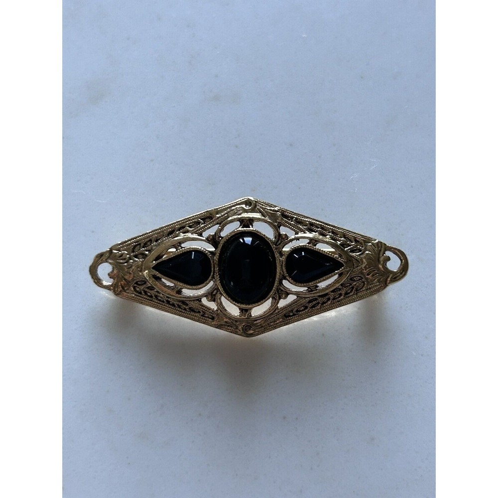 Retro 1928 Gold Tone Black Cabochon Gothic Victorian Brooch Pin